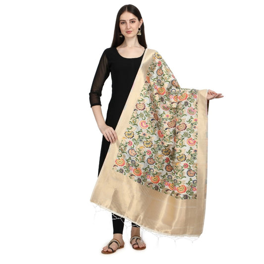 Generic Women's Silk Pure Zari weaving Duppatta (White, Length: 2-2.3 Mtrs)