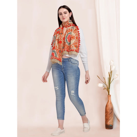 Generic Women's Cotton Embroidered Muffler (Beige, Length: 0.5 to 1 Mtr)