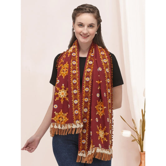 Generic Women's Cotton Embroidered Muffler (Maroon, Length: 0.5 to 1 Mtr)
