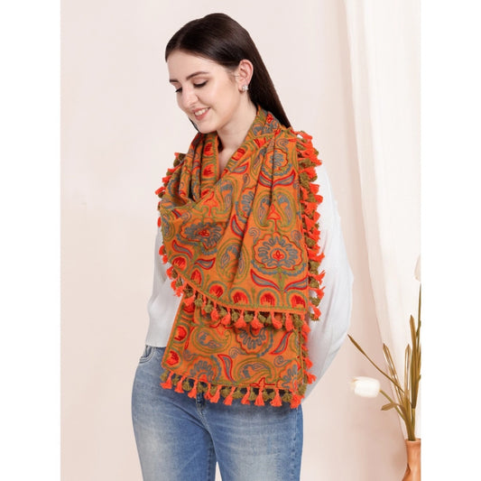 Generic Women's Cotton Embroidered Muffler (Orange, Length: 0.5 to 1 Mtr)