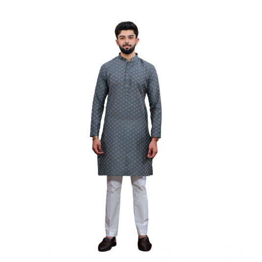 Generic Men's Casual Cotton Printed Full Sleeve Kurta Pyjama Set (Grey)