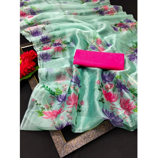 Generic Women's Organza Printed Saree With Unstitched Blouse (5.5Mtr, Rama)