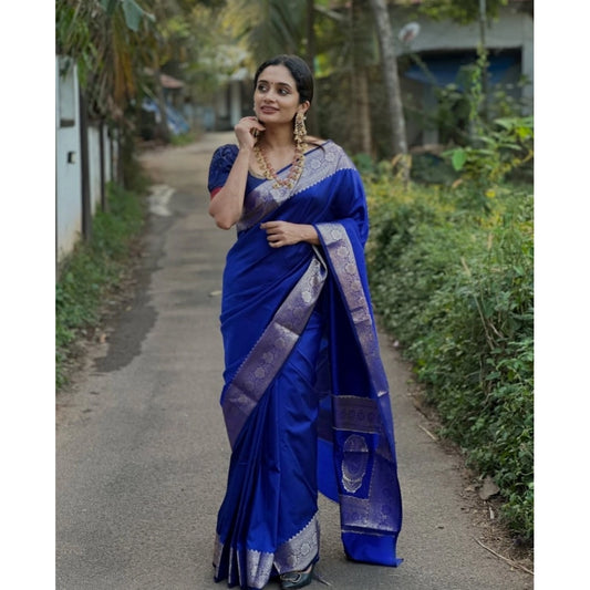 Generic Women's Silk Woven Kanjivaram Saree With Unstitched Blouse (5.5Mtr, Blue)