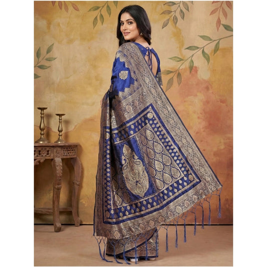 Generic Women's Silk Blend Printed Saree With Unstitched Blouse 5.5Mtr (Navy Blue)