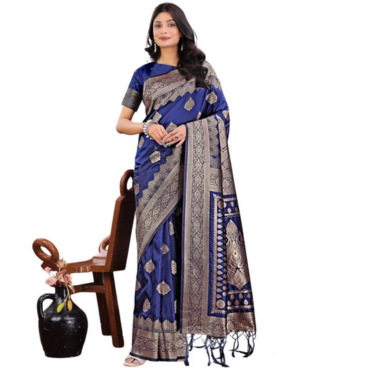 Generic Women's Silk Printed Saree With Unstitched Blouse 5.5Mtr (Navy Blue)