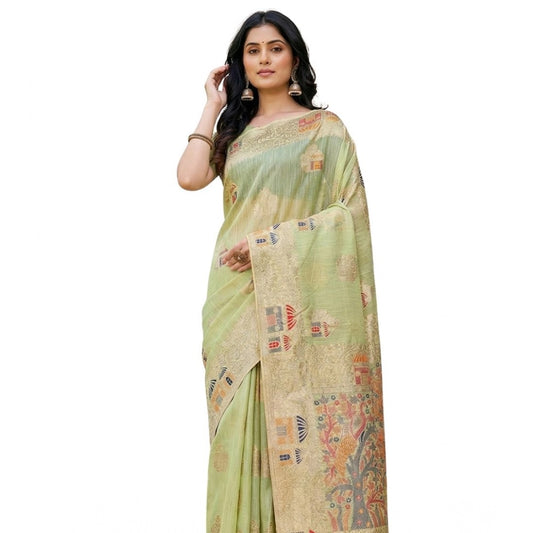 Generic Women's Linen Cotton Printed Saree With Unstitched Blouse 5.5Mtr (Light Green)