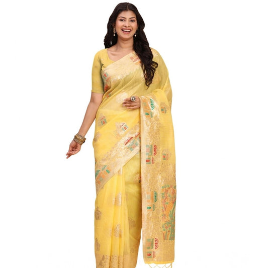 Generic Women's Linen Cotton Printed Saree With Unstitched Blouse 5.5Mtr (Yellow)