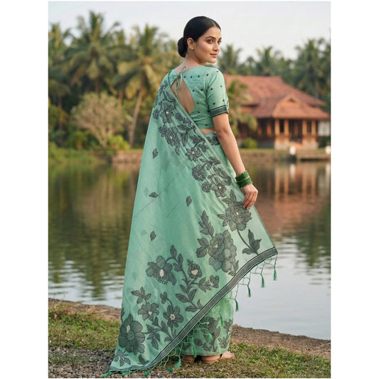 Generic Women's Linen Cotton Printed Saree With Unstitched Blouse 5.5Mtr (Rama Green)