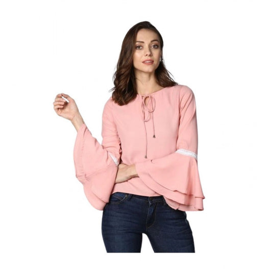 Generic Women's Polyester Solid Bell Sleeve Top (Pink)