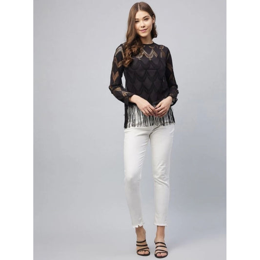 Generic Women's Lace Self Design Short Sleeve Top (Black)