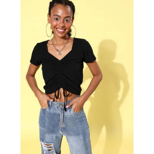 Generic Women's Polyester Lycra Solid Short Sleeve Top (Black)