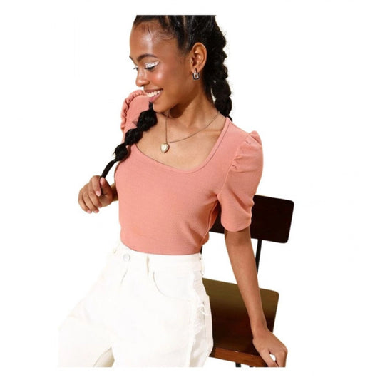 Generic Women's Polyester Lycra Solid Short Sleeve Top (Pink)