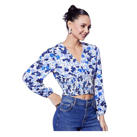 Generic Women's Polyester Floral Long Sleeves Top (Blue)